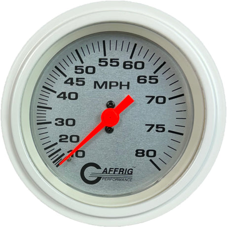 GAFFRIG 3 3/8 INCH MECHANICAL DRY SPEEDOMETER 80 MPH - HEAD ONLY PLATINUM / STEP RIM (008) / WHITE