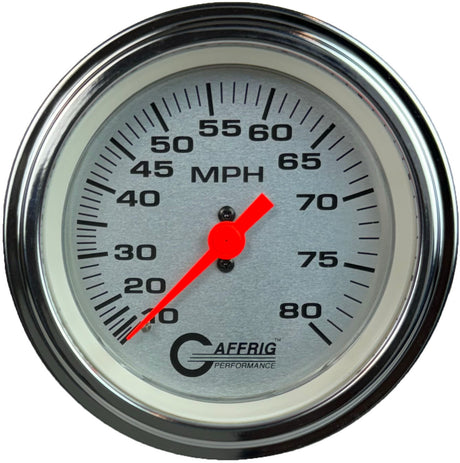 GAFFRIG 3 3/8 INCH MECHANICAL DRY SPEEDOMETER 80 MPH - HEAD ONLY PLATINUM / STEP RIM (008) / POLISHED/CHROME