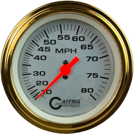 GAFFRIG 3 3/8 INCH MECHANICAL DRY SPEEDOMETER 80 MPH - HEAD ONLY PLATINUM / STEP RIM (008) / GOLD