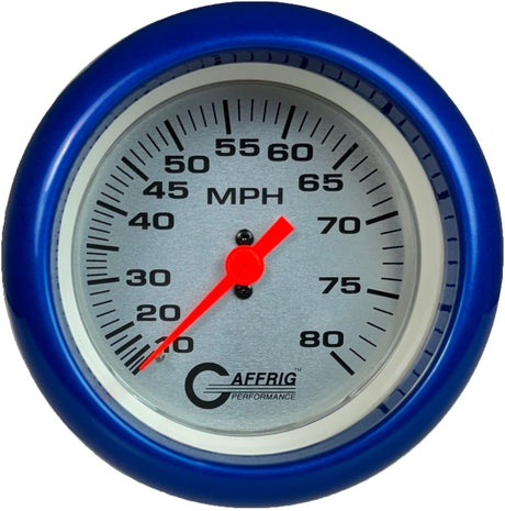 GAFFRIG 3 3/8 INCH MECHANICAL DRY SPEEDOMETER 80 MPH - HEAD ONLY PLATINUM / FAT RIM (338) / BLUE