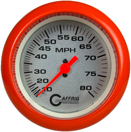 GAFFRIG 3 3/8 INCH MECHANICAL DRY SPEEDOMETER 80 MPH - HEAD ONLY PLATINUM / FAT RIM (338) / ORANGE