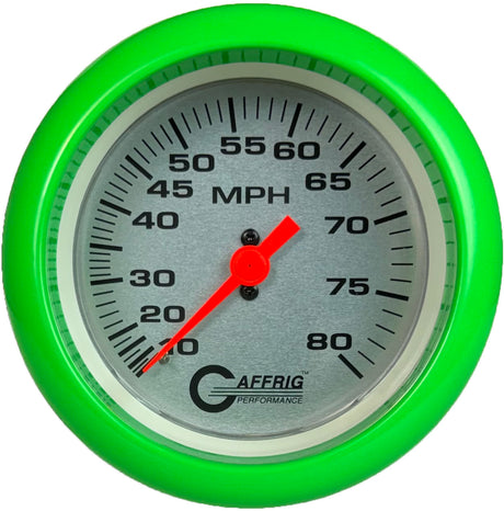 GAFFRIG 3 3/8 INCH MECHANICAL DRY SPEEDOMETER 80 MPH - HEAD ONLY PLATINUM / FAT RIM (338) / LIME GREEN