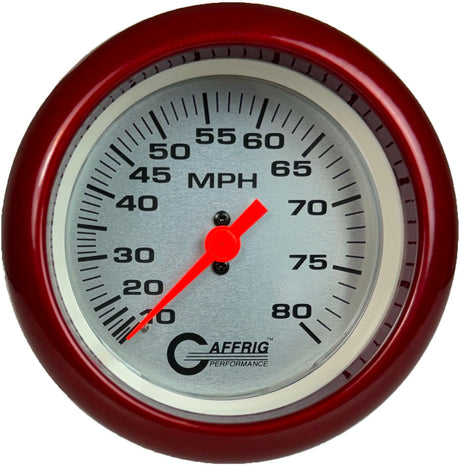 GAFFRIG 3 3/8 INCH MECHANICAL DRY SPEEDOMETER 80 MPH - HEAD ONLY PLATINUM / FAT RIM (338) / RED