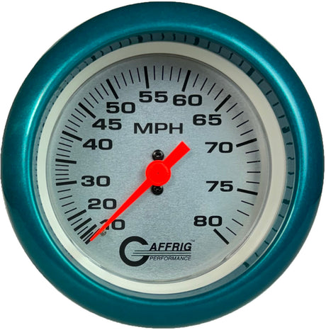 GAFFRIG 3 3/8 INCH MECHANICAL DRY SPEEDOMETER 80 MPH - HEAD ONLY PLATINUM / FAT RIM (338) / TEAL