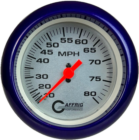 GAFFRIG 3 3/8 INCH MECHANICAL DRY SPEEDOMETER 80 MPH - HEAD ONLY PLATINUM / FAT RIM (338) / PURPLE