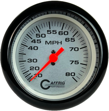 GAFFRIG 3 3/8 INCH MECHANICAL DRY SPEEDOMETER 80 MPH - HEAD ONLY PLATINUM / FAT RIM (338) / BLACK