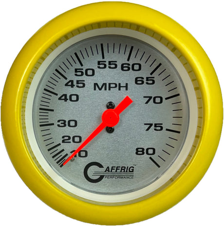 GAFFRIG 3 3/8 INCH MECHANICAL DRY SPEEDOMETER 80 MPH - HEAD ONLY PLATINUM / FAT RIM (338) / YELLOW