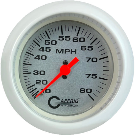 GAFFRIG 3 3/8 INCH MECHANICAL DRY SPEEDOMETER 80 MPH - HEAD ONLY PLATINUM / FAT RIM (338) / WHITE