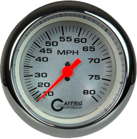 GAFFRIG 3 3/8 INCH MECHANICAL DRY SPEEDOMETER 80 MPH - HEAD ONLY PLATINUM / FAT RIM (338) / POLISHED/CHROME