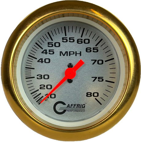 GAFFRIG 3 3/8 INCH MECHANICAL DRY SPEEDOMETER 80 MPH - HEAD ONLY PLATINUM / FAT RIM (338) / GOLD