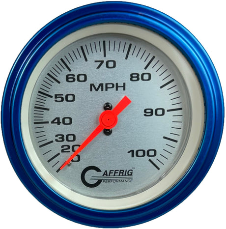 GAFFRIG 3 3/8 INCH MECHANICAL DRY SPEEDOMETER 100 MPH - HEAD ONLY STEP RIM (008) / BLUE / PLATINUM