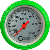 GAFFRIG 3 3/8 INCH MECHANICAL DRY SPEEDOMETER 100 MPH - HEAD ONLY STEP RIM (008) / LIME GREEN / PLATINUM