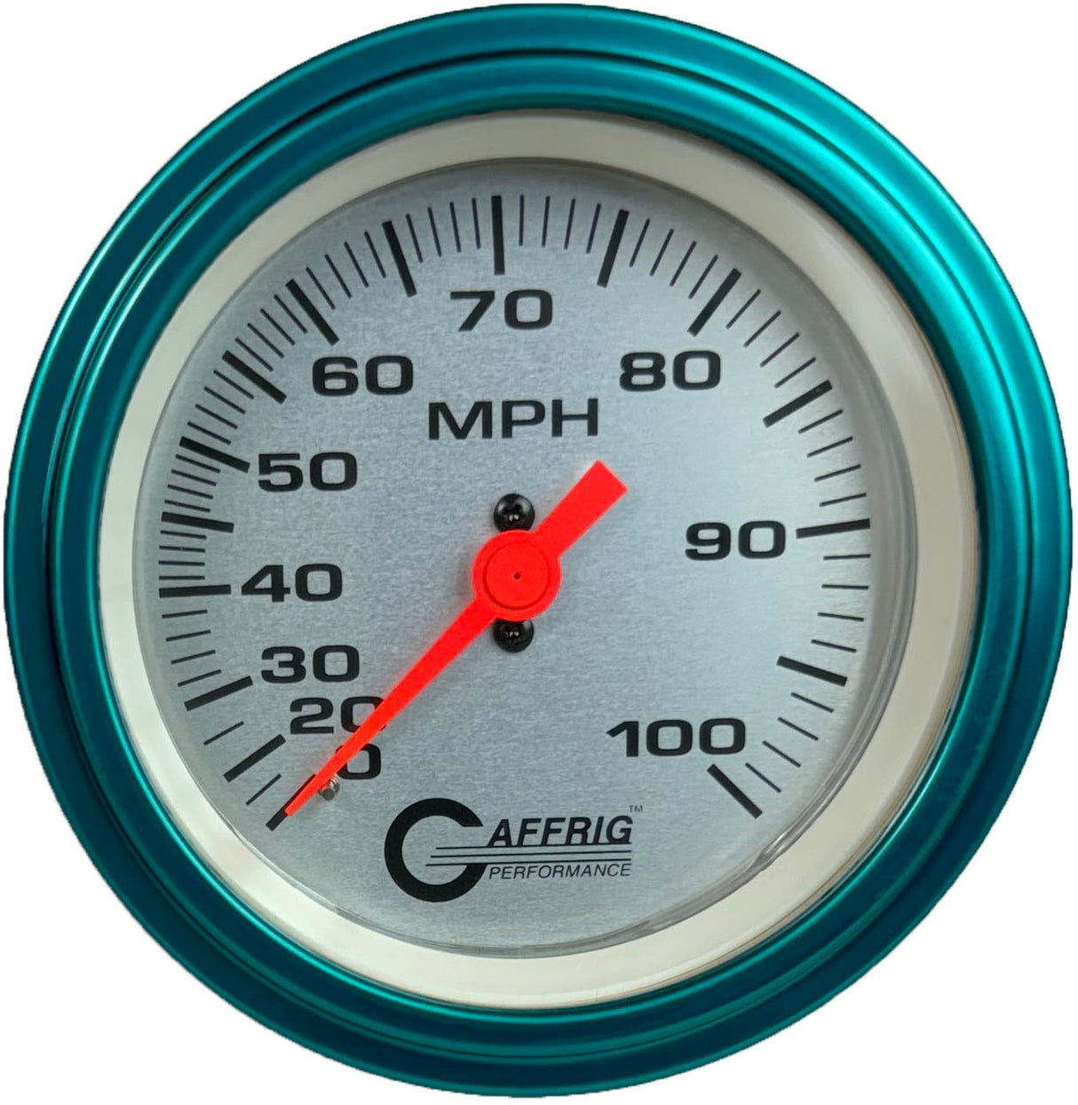 GAFFRIG 3 3/8 INCH MECHANICAL DRY SPEEDOMETER 100 MPH - HEAD ONLY STEP RIM (008) / TEAL / PLATINUM