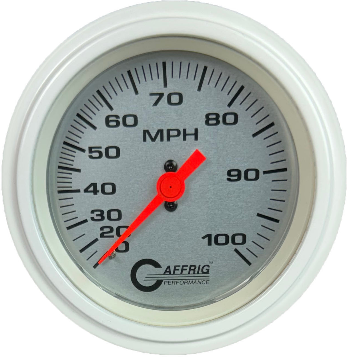 GAFFRIG 3 3/8 INCH MECHANICAL DRY SPEEDOMETER 100 MPH - HEAD ONLY STEP RIM (008) / WHITE / PLATINUM