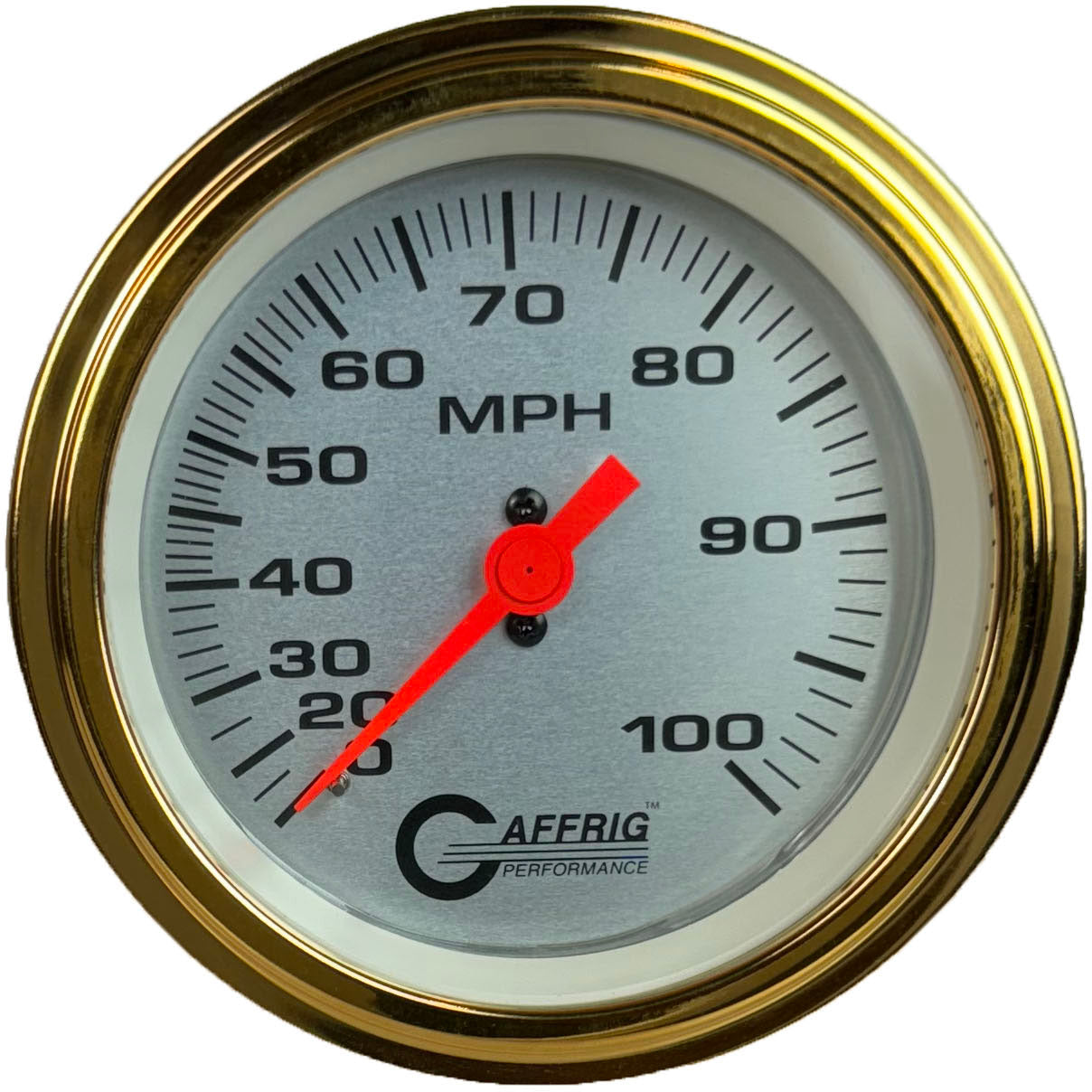 GAFFRIG 3 3/8 INCH MECHANICAL DRY SPEEDOMETER 100 MPH - HEAD ONLY STEP RIM (008) / GOLD / PLATINUM