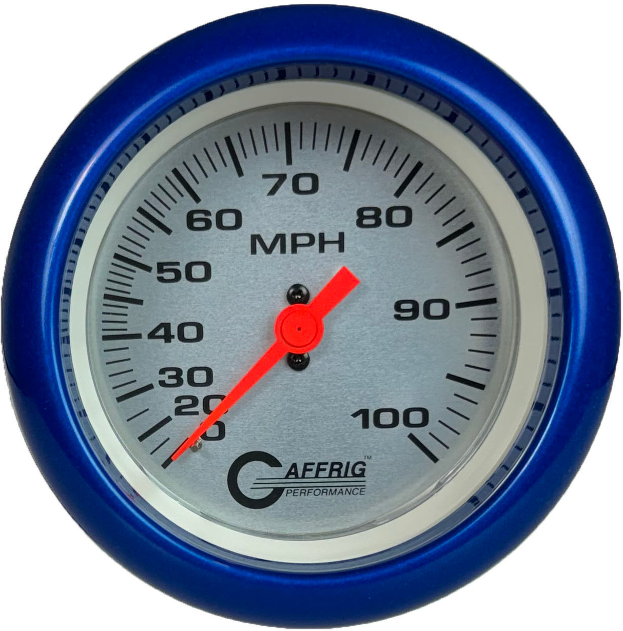 GAFFRIG 3 3/8 INCH MECHANICAL DRY SPEEDOMETER 100 MPH - HEAD ONLY FAT RIM (338) / BLUE / PLATINUM