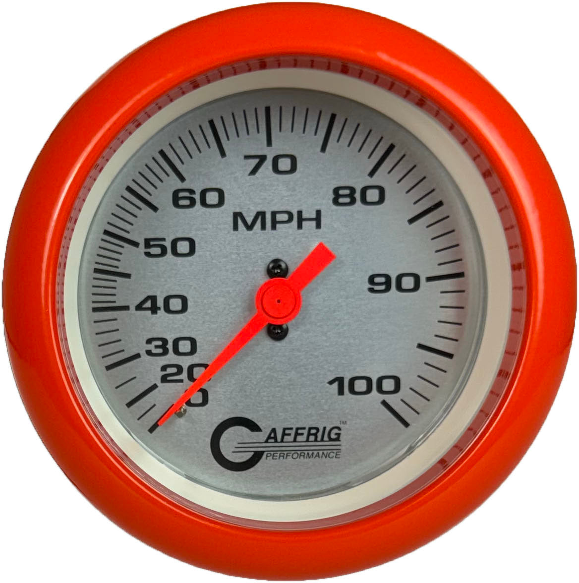 GAFFRIG 3 3/8 INCH MECHANICAL DRY SPEEDOMETER 100 MPH - HEAD ONLY FAT RIM (338) / ORANGE / PLATINUM