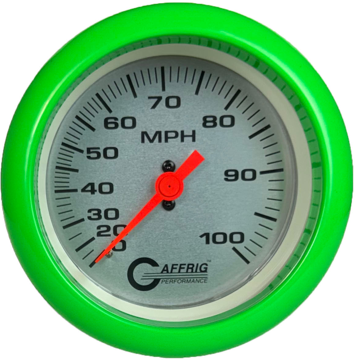 GAFFRIG 3 3/8 INCH MECHANICAL DRY SPEEDOMETER 100 MPH - HEAD ONLY FAT RIM (338) / LIME GREEN / PLATINUM