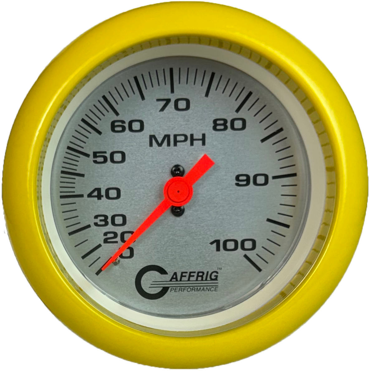 GAFFRIG 3 3/8 INCH MECHANICAL DRY SPEEDOMETER 100 MPH - HEAD ONLY FAT RIM (338) / YELLOW / PLATINUM