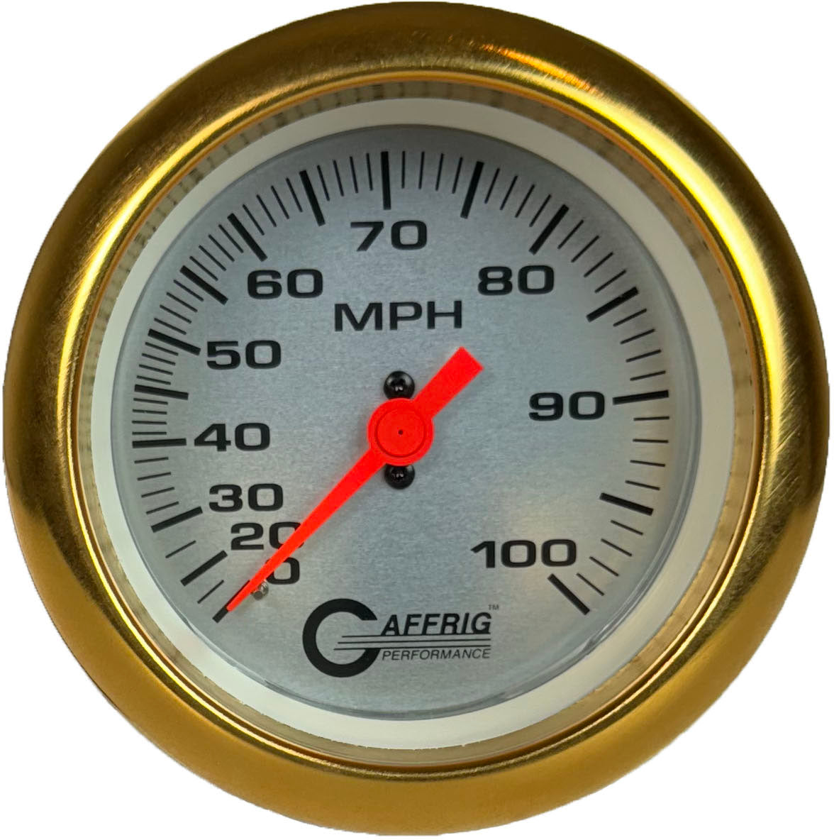 GAFFRIG 3 3/8 INCH MECHANICAL DRY SPEEDOMETER 100 MPH - HEAD ONLY FAT RIM (338) / GOLD / PLATINUM