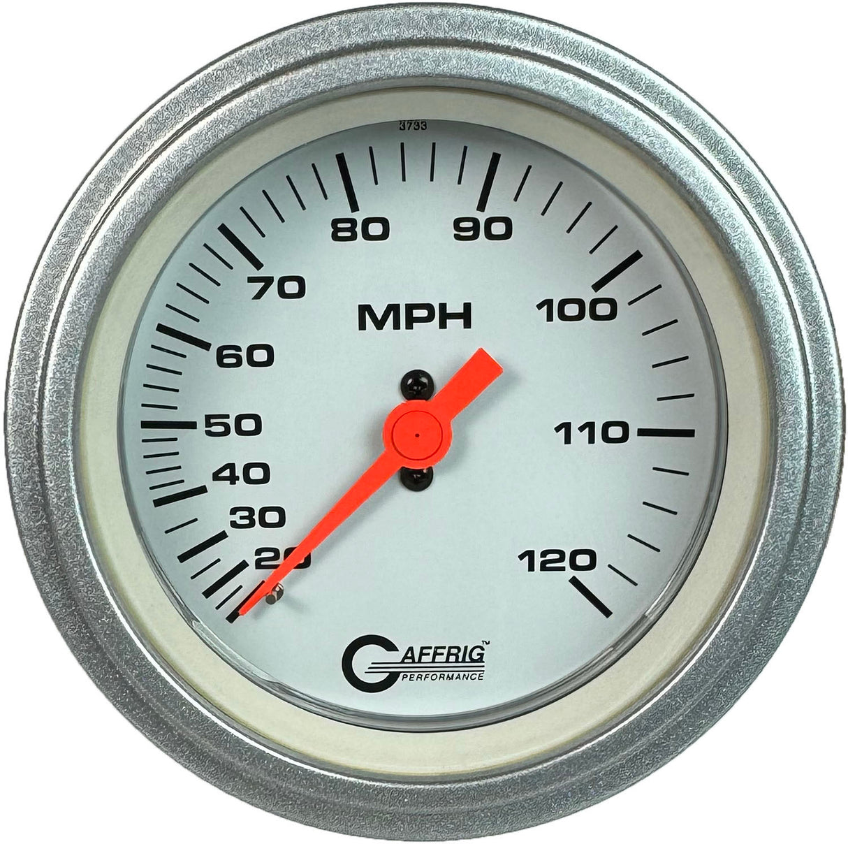 GAFFRIG 3 3/8 INCH MECHANICAL DRY SPEEDOMETER 120 MPH - HEAD ONLY WHITE / STEP RIM (008) / PLATINUM