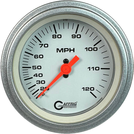 GAFFRIG 3 3/8 INCH MECHANICAL DRY SPEEDOMETER 120 MPH - HEAD ONLY WHITE / STEP RIM (008) / PLATINUM