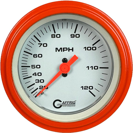 GAFFRIG 3 3/8 INCH MECHANICAL DRY SPEEDOMETER 120 MPH - HEAD ONLY WHITE / STEP RIM (008) / ORANGE