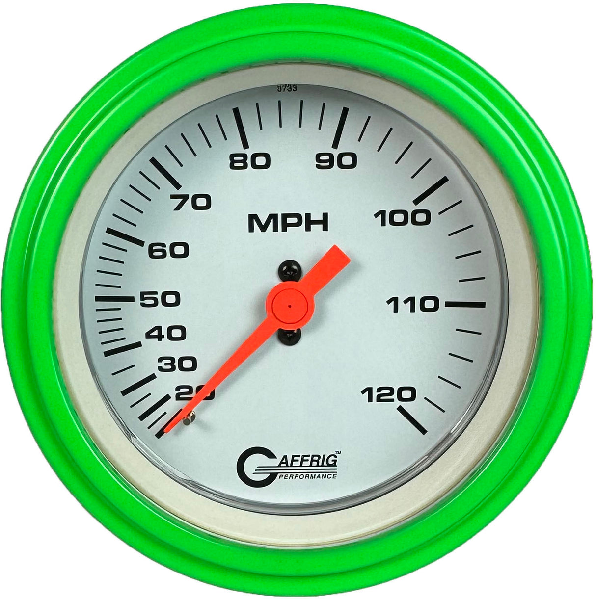 GAFFRIG 3 3/8 INCH MECHANICAL DRY SPEEDOMETER 120 MPH - HEAD ONLY WHITE / STEP RIM (008) / LIME GREEN