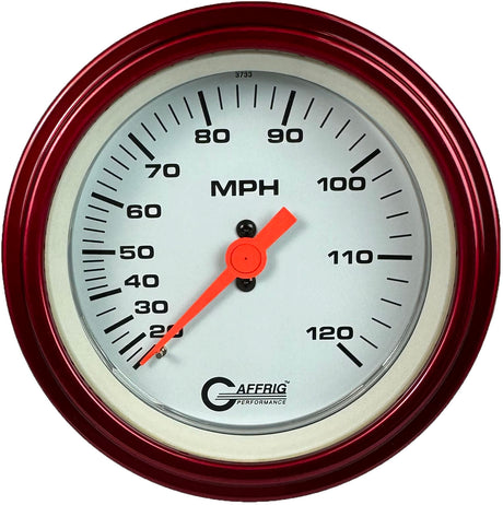 GAFFRIG 3 3/8 INCH MECHANICAL DRY SPEEDOMETER 120 MPH - HEAD ONLY WHITE / STEP RIM (008) / RED