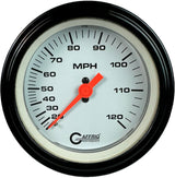 GAFFRIG 3 3/8 INCH MECHANICAL DRY SPEEDOMETER 120 MPH - HEAD ONLY WHITE / STEP RIM (008) / BLACK