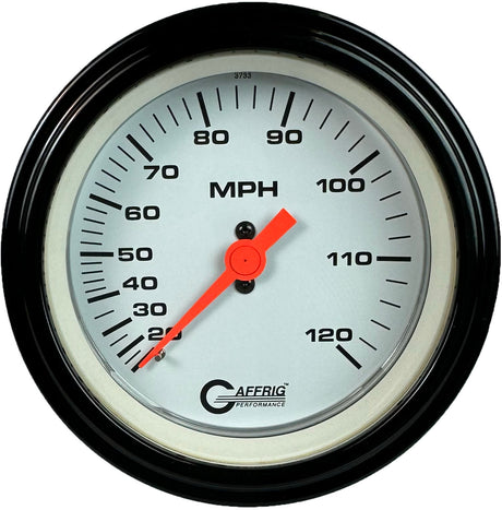 GAFFRIG 3 3/8 INCH MECHANICAL DRY SPEEDOMETER 120 MPH - HEAD ONLY WHITE / STEP RIM (008) / BLACK