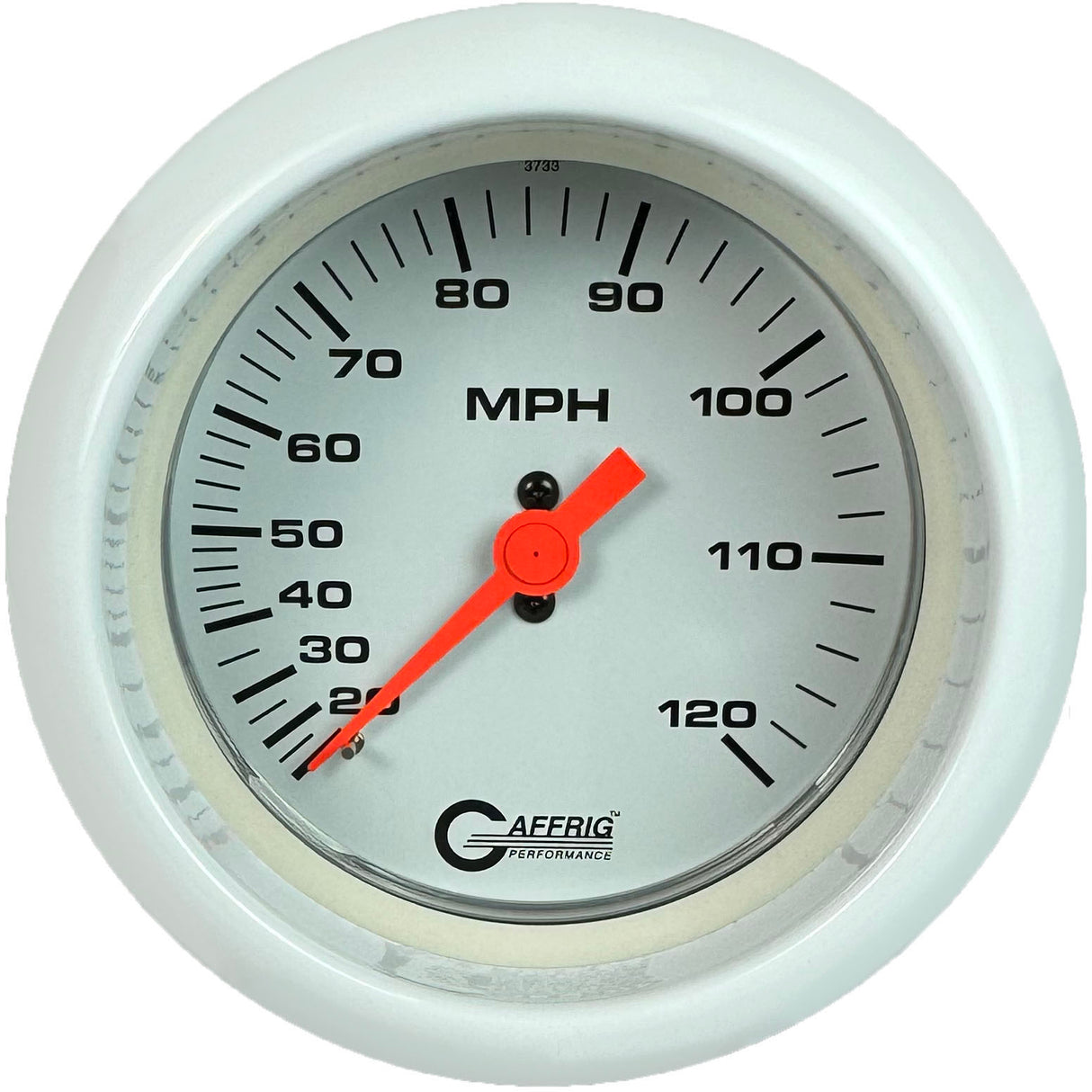 GAFFRIG 3 3/8 INCH MECHANICAL DRY SPEEDOMETER 120 MPH - HEAD ONLY WHITE / STEP RIM (008) / WHITE