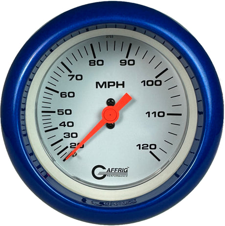 GAFFRIG 3 3/8 INCH MECHANICAL DRY SPEEDOMETER 120 MPH - HEAD ONLY WHITE / FAT RIM (338) / BLUE