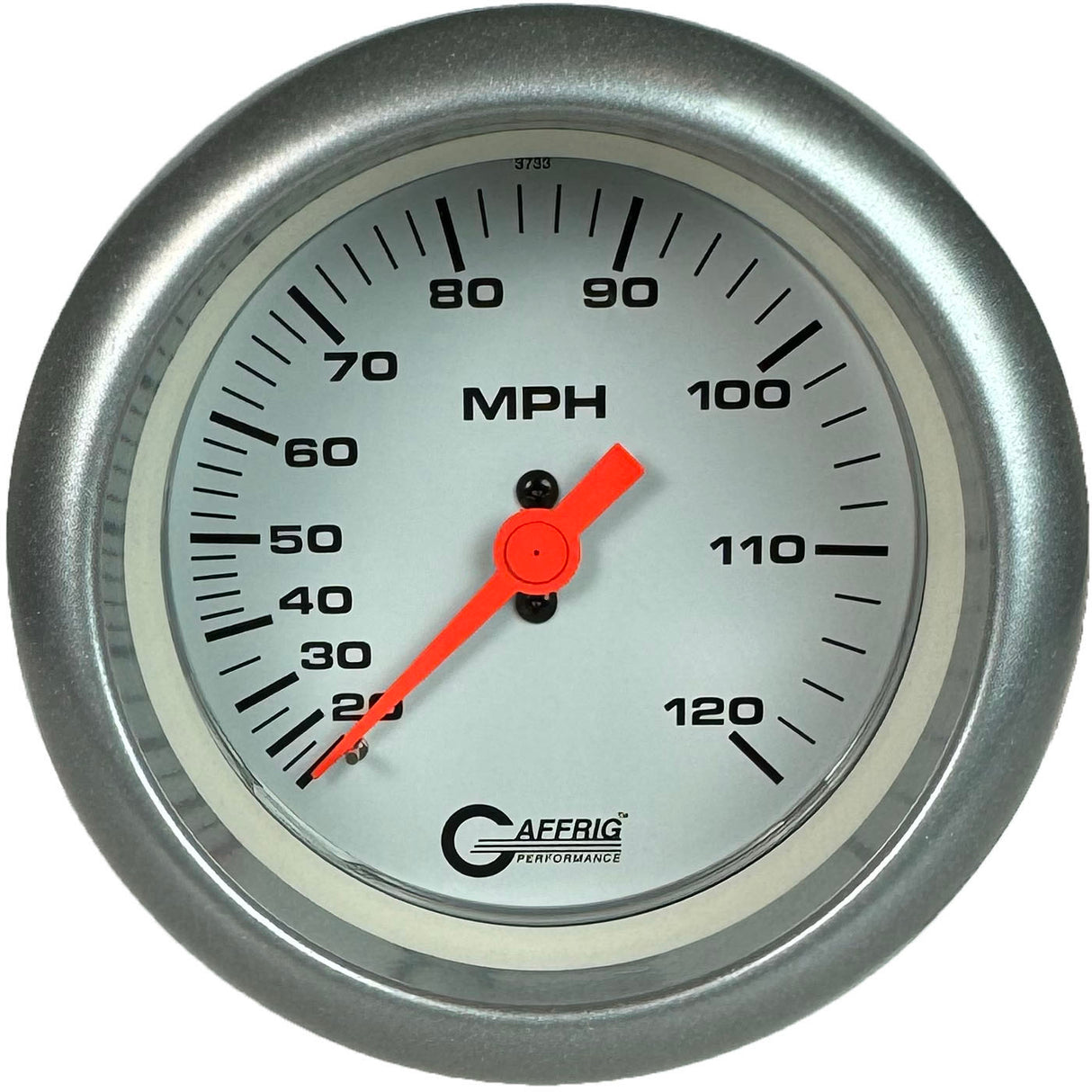 GAFFRIG 3 3/8 INCH MECHANICAL DRY SPEEDOMETER 120 MPH - HEAD ONLY WHITE / FAT RIM (338) / PLATINUM