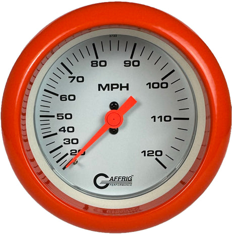 GAFFRIG 3 3/8 INCH MECHANICAL DRY SPEEDOMETER 120 MPH - HEAD ONLY WHITE / FAT RIM (338) / ORANGE