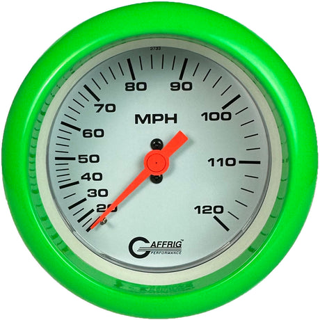 GAFFRIG 3 3/8 INCH MECHANICAL DRY SPEEDOMETER 120 MPH - HEAD ONLY WHITE / FAT RIM (338) / LIME GREEN