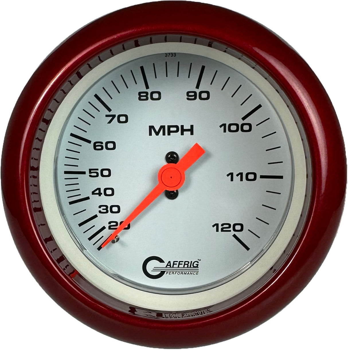 GAFFRIG 3 3/8 INCH MECHANICAL DRY SPEEDOMETER 120 MPH - HEAD ONLY WHITE / FAT RIM (338) / RED