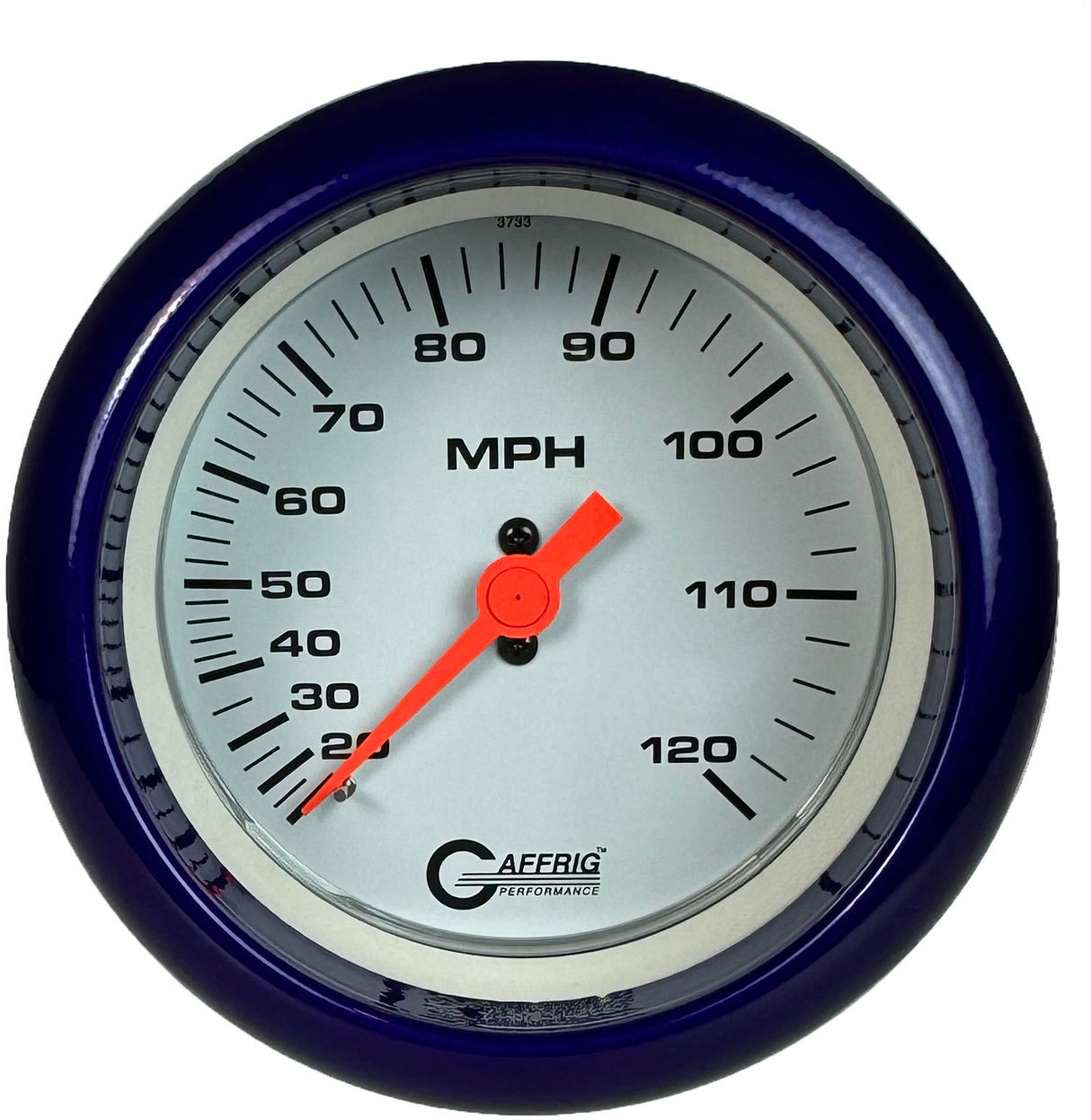 GAFFRIG 3 3/8 INCH MECHANICAL DRY SPEEDOMETER 120 MPH - HEAD ONLY WHITE / FAT RIM (338) / PURPLE