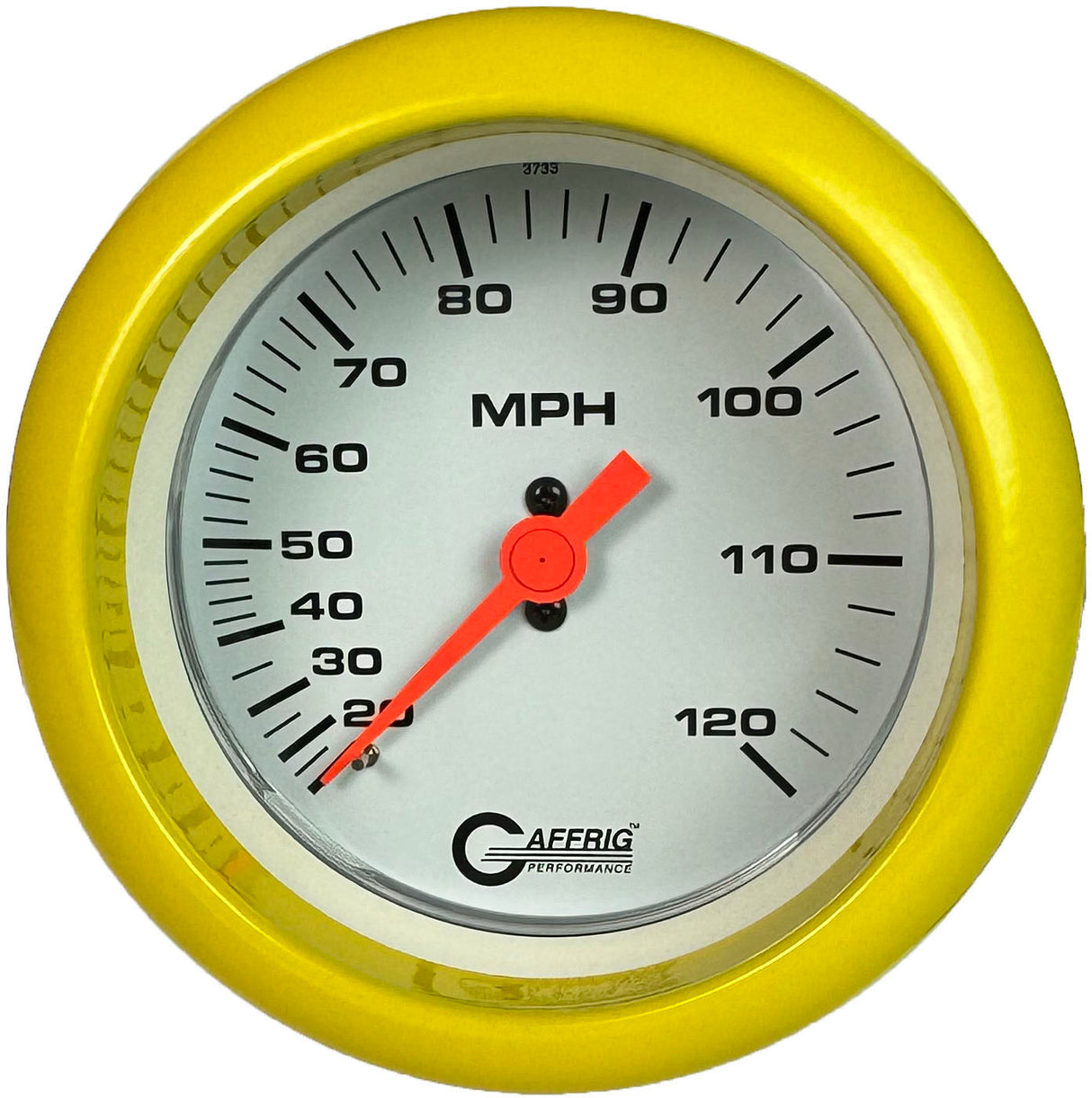 GAFFRIG 3 3/8 INCH MECHANICAL DRY SPEEDOMETER 120 MPH - HEAD ONLY WHITE / FAT RIM (338) / YELLOW