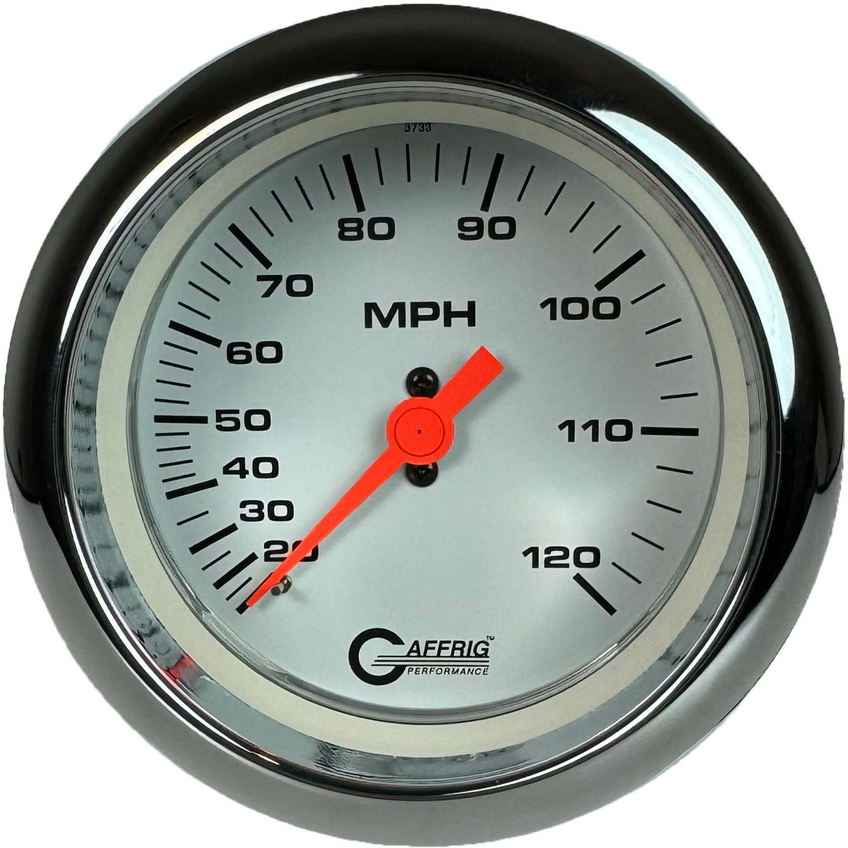 GAFFRIG 3 3/8 INCH MECHANICAL DRY SPEEDOMETER 120 MPH - HEAD ONLY WHITE / FAT RIM (338) / POLISHED/CHROME