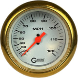 GAFFRIG 3 3/8 INCH MECHANICAL DRY SPEEDOMETER 120 MPH - HEAD ONLY WHITE / FAT RIM (338) / GOLD