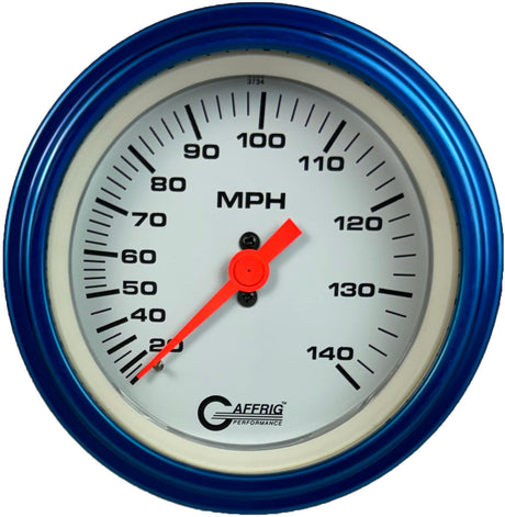 GAFFRIG 3 3/8 INCH MECHANICAL DRY SPEEDOMETER 140 MPH - HEAD ONLY WHITE / STEP RIM (008) / BLUE