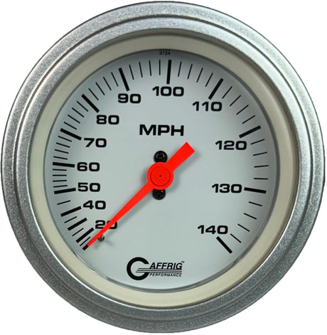 GAFFRIG 3 3/8 INCH MECHANICAL DRY SPEEDOMETER 140 MPH - HEAD ONLY WHITE / STEP RIM (008) / PLATINUM