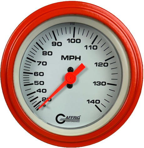 GAFFRIG 3 3/8 INCH MECHANICAL DRY SPEEDOMETER 140 MPH - HEAD ONLY WHITE / STEP RIM (008) / ORANGE