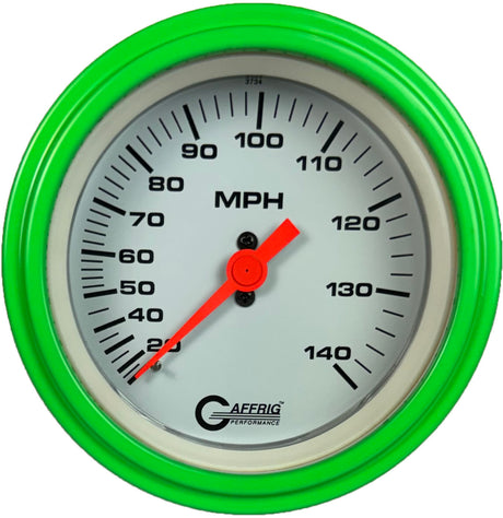 GAFFRIG 3 3/8 INCH MECHANICAL DRY SPEEDOMETER 140 MPH - HEAD ONLY WHITE / STEP RIM (008) / LIME GREEN