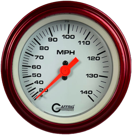 GAFFRIG 3 3/8 INCH MECHANICAL DRY SPEEDOMETER 140 MPH - HEAD ONLY WHITE / STEP RIM (008) / RED