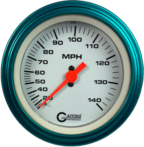 GAFFRIG 3 3/8 INCH MECHANICAL DRY SPEEDOMETER 140 MPH - HEAD ONLY WHITE / STEP RIM (008) / TEAL