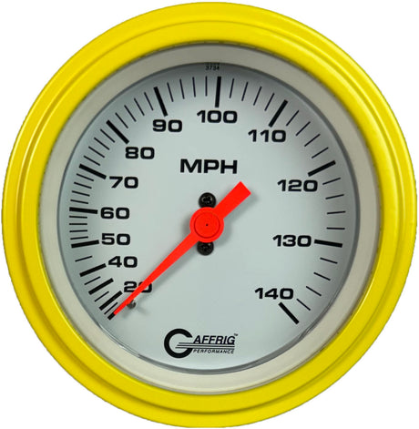 GAFFRIG 3 3/8 INCH MECHANICAL DRY SPEEDOMETER 140 MPH - HEAD ONLY WHITE / STEP RIM (008) / YELLOW