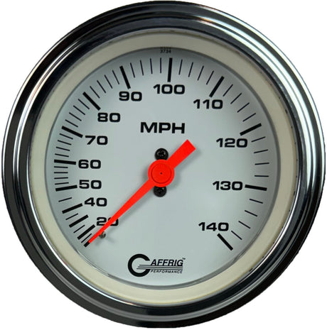 GAFFRIG 3 3/8 INCH MECHANICAL DRY SPEEDOMETER 140 MPH - HEAD ONLY WHITE / STEP RIM (008) / POLISHED/CHROME