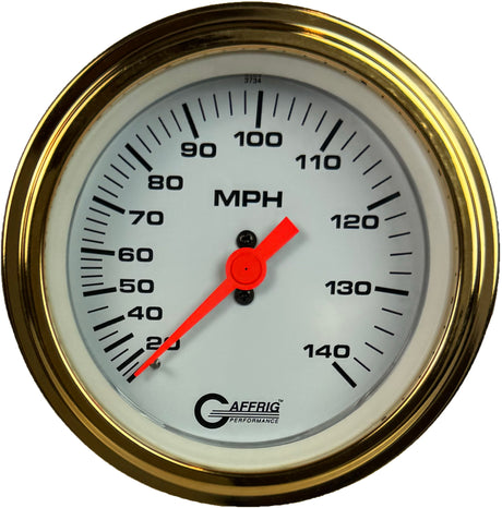 GAFFRIG 3 3/8 INCH MECHANICAL DRY SPEEDOMETER 140 MPH - HEAD ONLY WHITE / STEP RIM (008) / GOLD